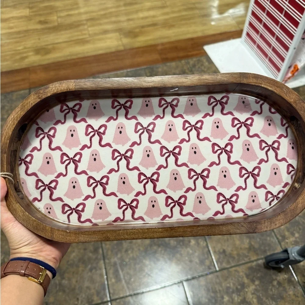 Made in India Wooden HALLOWEEN PINK GHOST & BOWS TRAYS